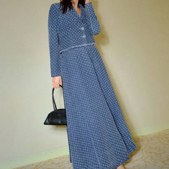 Blue Elegant Womens Denim Jacquard Lapel Collar Raw Edge Jacket & Maxi Skirt Set - Picture 4 of 7